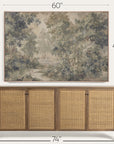 wooden sideboard with wicker doors and a large forest painting above it, with dimensions indicated.