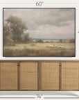 wooden sideboard with a landscape painting above it, showing dimensions.