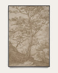 a framed art print featuring a sepia-toned landscape sketch with a prominent tree, shown against a light off-white background.
