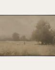 framed artwork of a landscape with trees and a figure in a field.