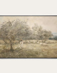 framed artwork of a pastoral scene with a shepherd and sheep in a field.