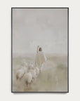 framed artwork of a shepherd with sheep in a misty landscape