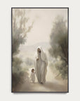 framed artwork of jesus in a white robe walking with a child through a misty forest.