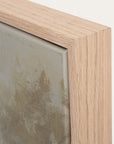 close-up of a wooden picture frame corner with a neutral background