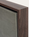close-up of a wooden frame corner with a gray background