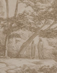A sepia-toned sketch or print depicting two robed figures standing beneath a large tree in a wooded outdoor scene.