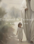 figure in a white robe walking with a child in a misty, ethereal setting with 'madeleynn ave' text.