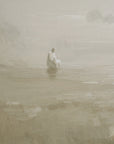 figure sitting on a bench in a misty landscape