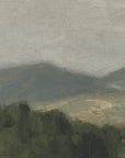 painting of a landscape with trees and mountains in the distance.