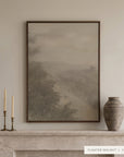 forgotten road in a dark walnut floater frame above a cream stone mantel with brass candlesticks and a rustic clay vase, between arched built-in shelves. shown in floater walnut, 30 x 40. __lifestyleimage
