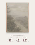 forgotten road in a light oak floater frame with its total framed size listed below: 32 inches wide, 42 inches high, and 1.25 inches deep.