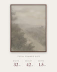 forgotten road in a dark walnut floater frame with its total framed size listed below: 32 inches wide, 42 inches high, and 1.5 inches deep.