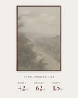 forgotten road in a dark walnut floater frame with its total framed size listed below: 42 inches wide, 62 inches high, and 1.5 inches deep.