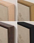 four-panel close-up showing the corner edges of picture frames in light natural wood, medium brown wood, dark brown wood, and matte black, each paired with a beige artwork insert against a light wall.