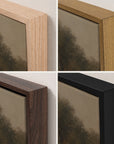 four-panel close-up showing the corner edges of a framed artwork in different frame finishes: light natural wood, medium warm wood, dark brown wood, and black. the artwork inside appears to be a muted landscape painting.