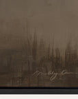 vintage-style sepia-toned image of a cityscape with a signature at the bottom right corner.