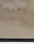 artistic depiction of two sheep on a textured beige background with a signature at the bottom right corner.