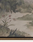 artistic depiction of a river with trees and flowers in the foreground