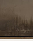 vintage sepia-toned photograph of a cityscape with a signature at the bottom right corner.