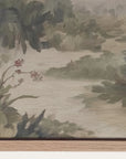 nature-themed design with water, plants, and flowers on a wooden surface