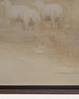 artistic depiction of two sheep on a textured beige background with a signature at the bottom right corner.