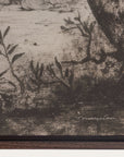 close-up of a textured surface with engraved design and signature at the bottom right corner.