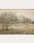 framed artwork of a pastoral scene with a shepherd and sheep in a field.