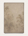 a framed vertical art print featuring a soft, muted forest scene in warm beige and taupe tones, hung against a light off-white wall.