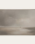 framed artwork of a landscape with a boat on water under a cloudy sky.