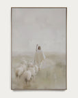 framed artwork of a shepherd with sheep in a misty landscape