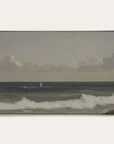 framed artwork of a coastal scene with waves and a distant figure on a white background