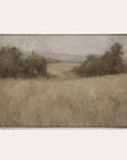 framed artwork of a landscape with trees and a field on a white background