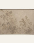 a framed landscape art print featuring a misty, minimalist forest of trees in muted beige and brown tones, displayed on a clean off-white wall.
