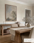 dining room with wooden table, chairs, and decor elements.