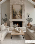 modern living room with a fireplace, beige sofas, and decorative elements. __lifestyleimage