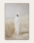 artistic depiction of a figure in a white robe standing in a field with a neutral background