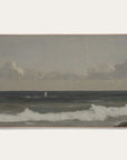 framed artwork of a coastal scene with waves and a distant figure on a white background