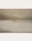 framed painting of a misty landscape with a figure on a path over water.