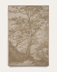 a framed landscape art print featuring a detailed sepia-toned sketch of a tree, rocks, and distant hills, displayed against a light off-white background.