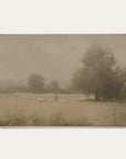 framed artwork of a landscape with trees and a person in a field.