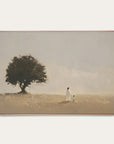 framed artwork of a person and child walking towards a large tree in a field.