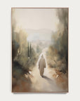 artistic depiction of a figure walking along a path in a misty landscape, framed on a white wall.