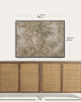 a framed botanical art print with dimensions 40 inches wide by 30 inches high, shown above a wooden sideboard with woven cane doors. black dimension lines and text indicate the print's measurements.