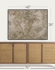 a framed wall art print with a botanical tree pattern in muted beige, green, and gray tones, shown above a wooden sideboard with woven cane doors. white dimension lines and text indicate the artwork is 48 by 36 inches, with the sideboard measuring 74 by 74 inches.