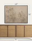 a framed wall art print with a beige and brown tree design, shown above a wooden sideboard with woven cane doors. white dimension lines indicate the artwork is 48 by 36 inches, and the sideboard is 74 by 74 inches.