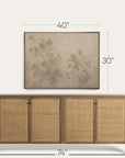 a framed wall art print showing a muted tree scene, displayed above a wooden sideboard with woven cane doors. white dimension lines and text indicate the artwork is 40 by 30 inches, with the sideboard measuring 74 by 58 inches.