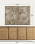 a framed botanical wall art print shown above a wooden sideboard with woven cane doors, with dimension labels indicating 48 inches wide, 36 inches tall, and 74 inches deep on a light neutral background.