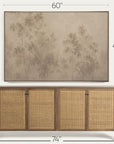 a framed wall art print showing a muted beige and brown forest scene, displayed above a wooden sideboard with woven cane doors. dimension lines indicate the artwork is 60 by 40 inches and the sideboard is 74 by 74 inches.