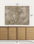 a framed botanical wall art print shown above a wooden sideboard with woven cane doors, with dimension labels indicating 48 inches wide, 36 inches tall, and 74 inches deep on a light neutral background.