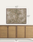 a wooden sideboard or credenza with woven cane doors, shown below a matching framed wall art piece. white dimension lines and text indicate the furniture is 74 inches wide and 30 by 40 inches tall, against a plain light background.